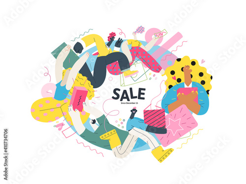 Discounts, sale, promotion vignette - modern flat vector concept illustration of people crowd running in the pursuit of the discounts, with a big percent sign on the background