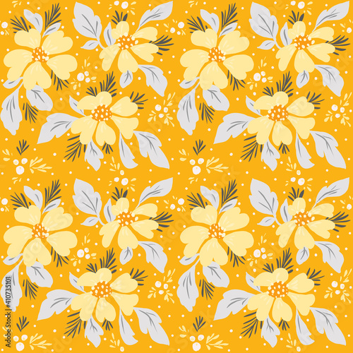 Gray and yellow floral vibrant repeating pattern