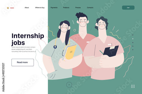 Medical insurance -internship jobs -modern flat vector concept digital illustration - young medical specialists standing together, team of interns concept, medical office or laboratory