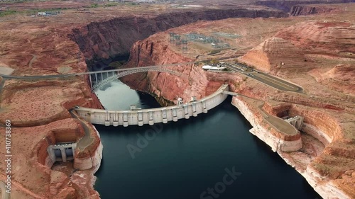 Aerial shot of breathtaking glen canyon dam on lake powell, infrastructure In Arizona, USA. photo