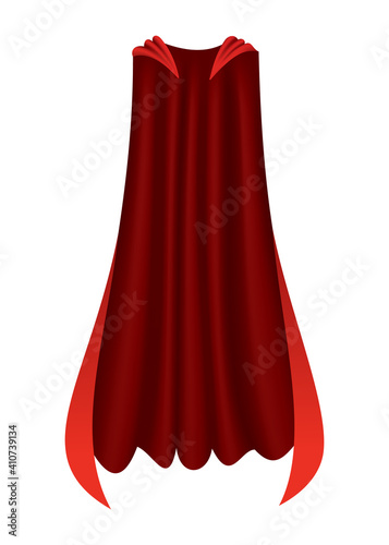 Superhero red cape. Scarlet fabric silk cloak in front view. Carnival or masquerade dress. Realistic costume design. Silk flying cape
