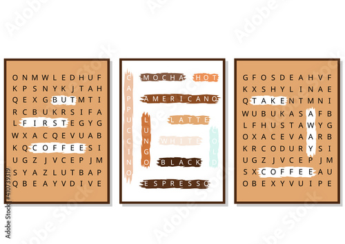 Three posters. Crossword puzzle with words related to coffee. Cafe concept, poster for cafeteria, coffee shop. Word search puzzle with words circled in a brush: espresso, cappuccino, latte, etc.