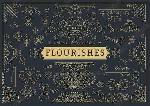 Flourishes calligraphic vintage ornamental background. Golden ornate page with swirls and vignettes elements. Frame design template. Vector restaurant menu or royalty certificate