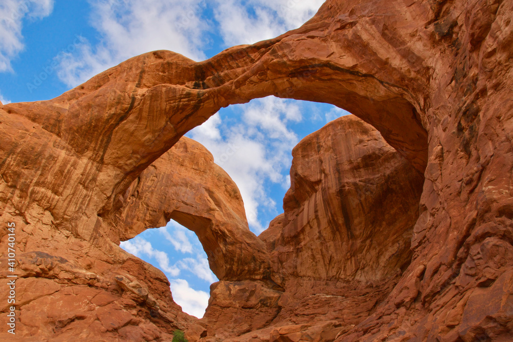 Double arch against the blue sky in Arches National Park, Utah