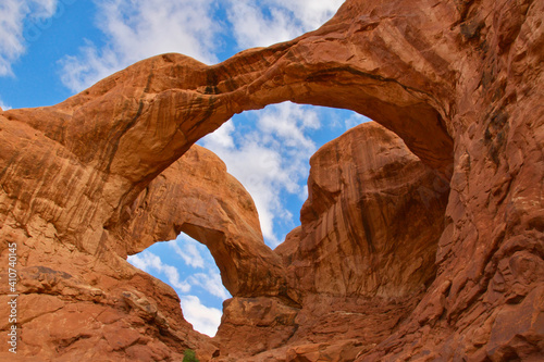 Double arch against the blue sky in Arches National Park, Utah
