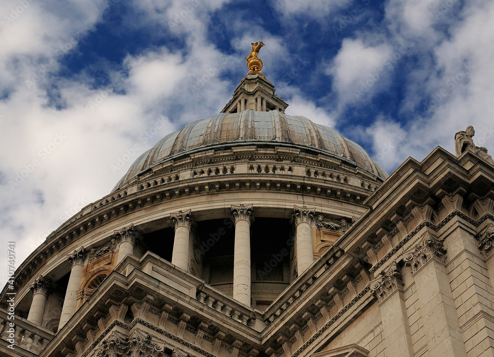Bottom Up View To The Dome Of St Paul's Cathedral London England On A Sunny Summer Day With A Few Fluffy Clouds In The Sky