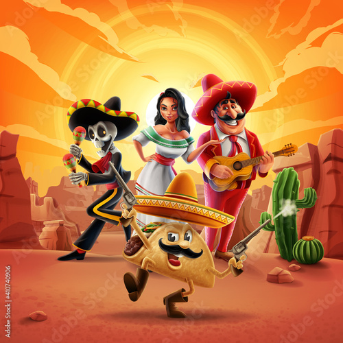 Mexican scenery with cartoon characters