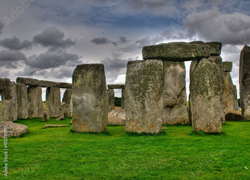 View To A Trilithon At The North East Corner Of The Prehistoric Stone Circle Stonehenge Wiltshire England On An Overcast Summer Day