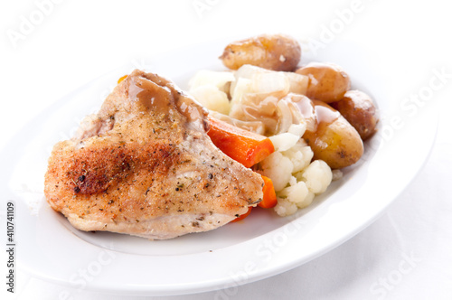 vegetables with roasted chicken and fingerling potato photo