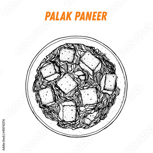 Palak paneer sketch, Indian food. Hand drawn vector illustration. Sketch style. Top view. Vintage vector illustration.