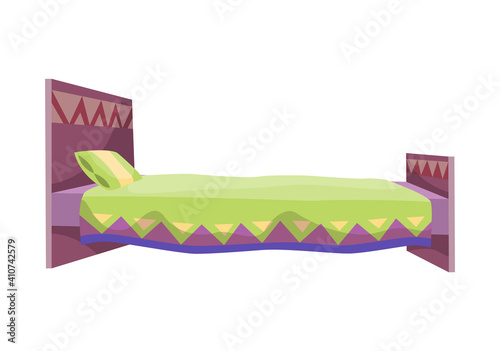 Bed cartoon. Vector illustration of color bed with pillow and cover. Icon of furniture