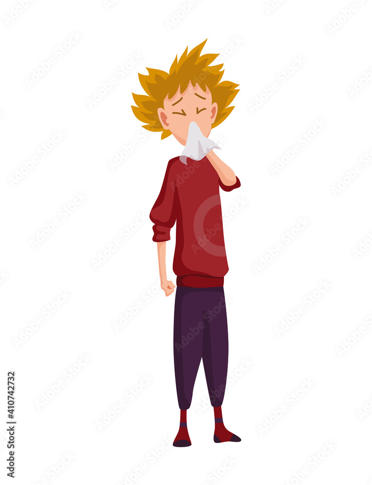 Flu cold. Flu or common cold treatment at home. Man with handkerchief in hand. Season allergy. Allergy sick or flu concept Flu cold. Flu or common cold treatment at home. Man with handkerchief in hand. Season allergy. Allergy sick or flu concept