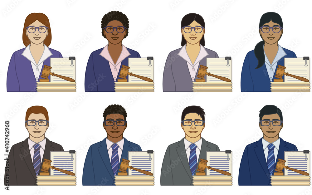 diversity, race, ethnicity of court assistant, law and judicial clerk vector icons, male and female, with file folders, documents and gavel, isolated on a white background diversity, race, ethnicity of court assistant, law and judicial clerk vector icons, male and female, with file folders, documents and gavel, isolated on a white background