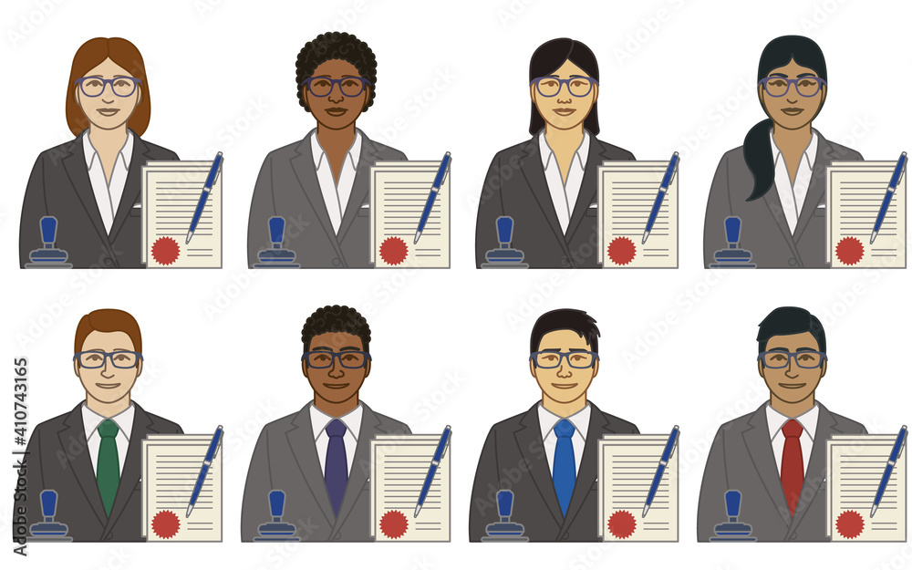 diversity, race, ethnicity of notary vector icons, male and female, with stamp, pen and approved documents, isolated on a white background diversity, race, ethnicity of notary vector icons, male and female, with stamp, pen and approved documents, isolated on a white background