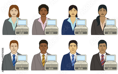 diversity, race, ethnicity of court reporter, stenographer, law reporter vector icons, male and female, with stenographic machine, isolated on a white background