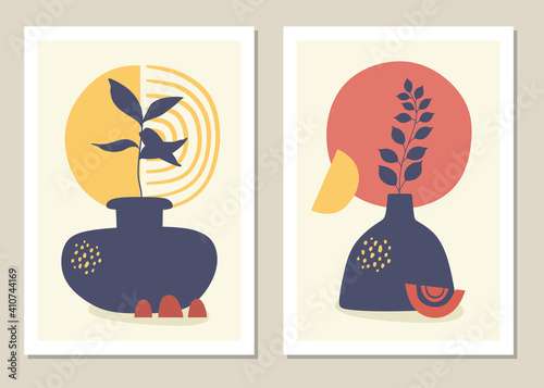 Wall art set. Bohemia. Floral pattern and foliage line with abstract shape. Abstract plant design for print, cover, wallpaper, minimalist and natural wall art. Vector.