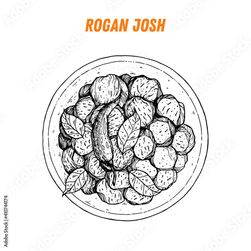 Rogan josh sketch, Indian food. Hand drawn vector illustration. Sketch style. Top view. Vintage vector illustration.