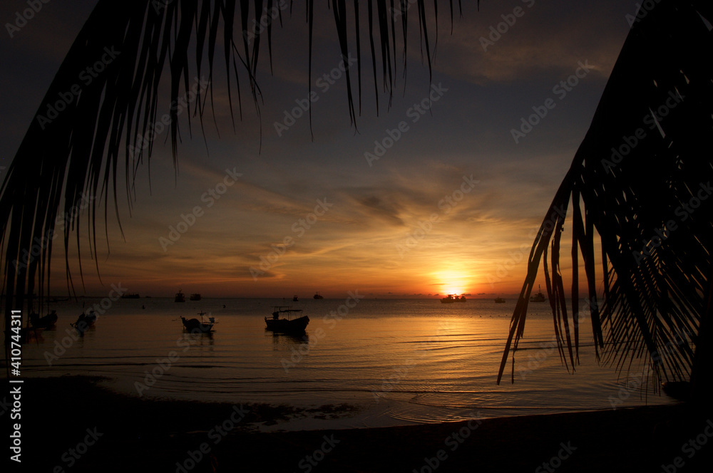 Tropical romantic paradise: sunset at the seaside - dark silhouettes of palm trees and orange cloudy sky