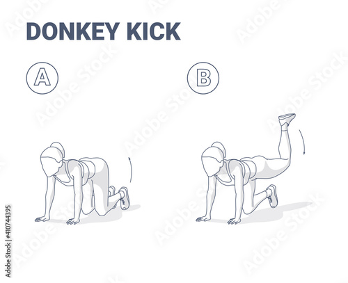 Donkey Kick Female Home Workout Exercise Guide Illustration. Concept of Young Woman Kick Back and Up Workout.