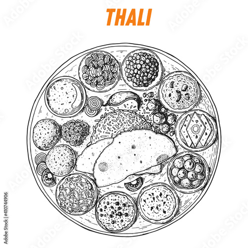 Indian thali sketch, Indian food. Hand drawn vector illustration. Sketch style. Top view. Vintage vector illustration.