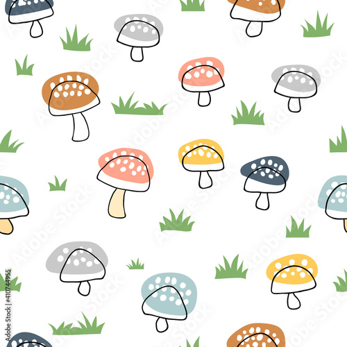 Cute colorful mushroom doodle repeat pattern design