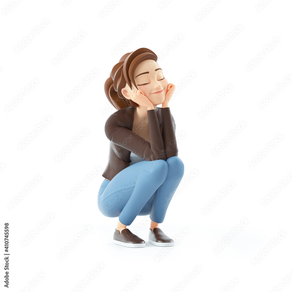 3d cartoon woman crouching and happy 3d cartoon woman crouching and happy