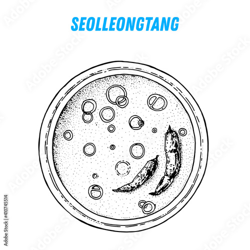 Seolleongtang sketch, korean food. Hand drawn vector illustration. Sketch style. Top view. Vintage vector illustration.