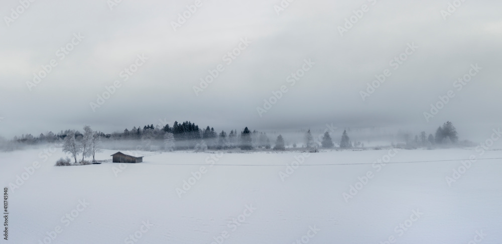 Panorama of beautiful foggy winter landscape with frozen trees and wooden house