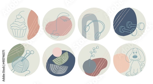 Vector set of round boho icons and emblems for social media story highlight covers. Hand-drawn trendy design templates for bloggers, designers and photographers.
