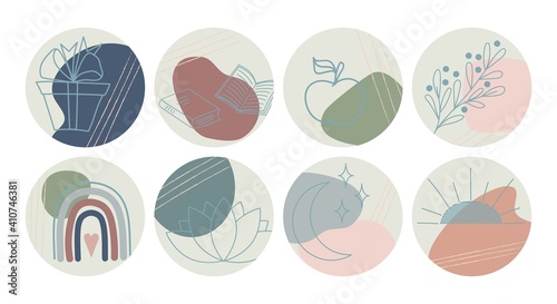 Vector set of round boho icons and emblems for social media story highlight covers. Hand-drawn trendy design templates for bloggers, designers and photographers.