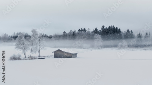Beautiful foggy winter landscape with frozen trees and wooden house
