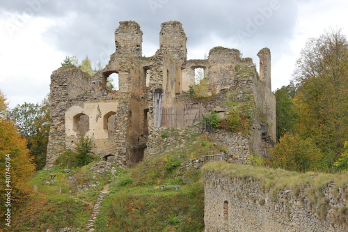 View to the old ruins of castle D  v     K  men  South Bohemia  Czechia 