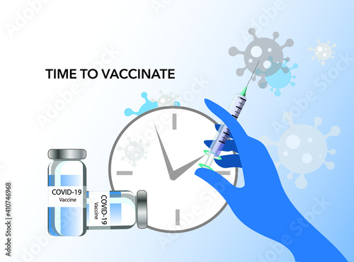 A hand in a blue medical glove holds a syringe next to the vaccine bubbles against the background of a clock face and coronavirus symbols. Vector illustration to popularize Covid-19 vaccination. 