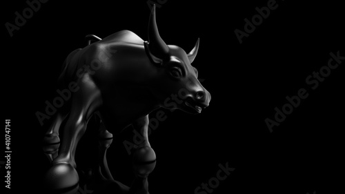 Black leather bull sculpture. Sculpted casting depicting a bull in dramatic contrasting light representing financial market trends under spot light. 3D illustration. 3D high quality rendering. 3D CG.