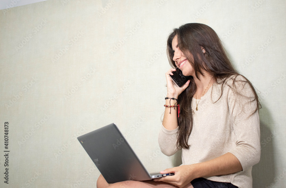 Happy young girl, virtual study with a call on pc Happy young girl, virtual study with a call on pc