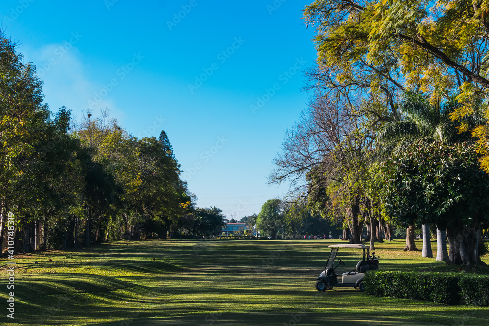 a beautiful golf course with bright green pace and a golf cart. a day in the morning on the golf course. a beautiful golf course with bright green pace and a golf cart. a day in the morning on the golf course.