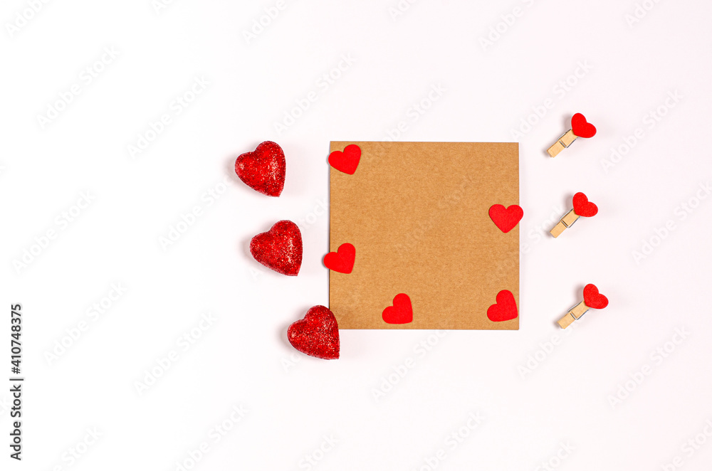 Valentine's day greeting card template with red romantic hearts on white background with copy space.
