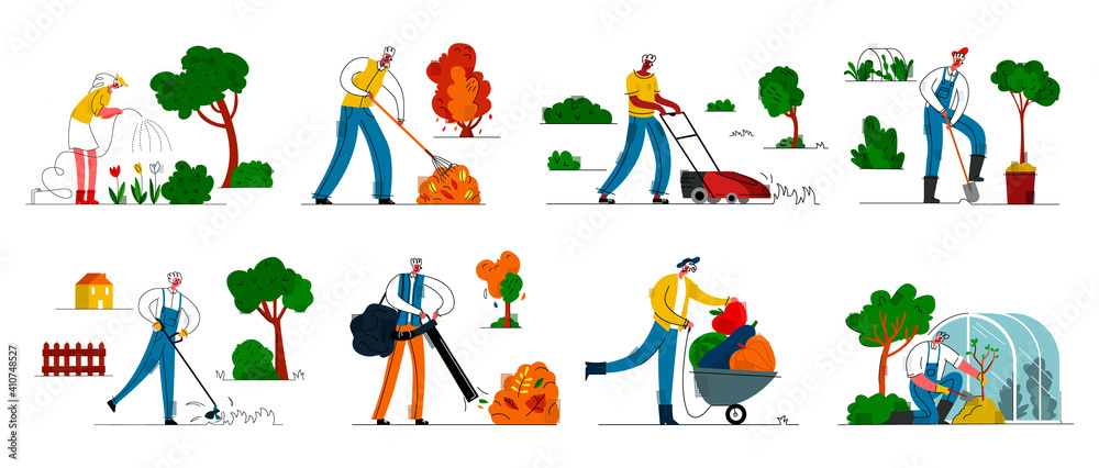 Vector flat illustration set subjects concept gardening, farm, taking care homestead. Characters are depicted at work, watering flowers, planting trees, working in greenhouse, cleaning autumn foliage.