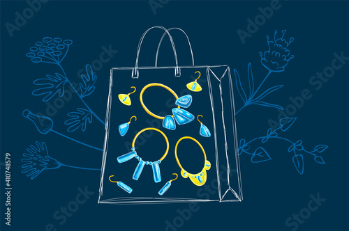 Vector drawn illustration with jewelry collection, shop package, floral, botanical background. Concept of jewelry stores, precious stones, metals, shopping.