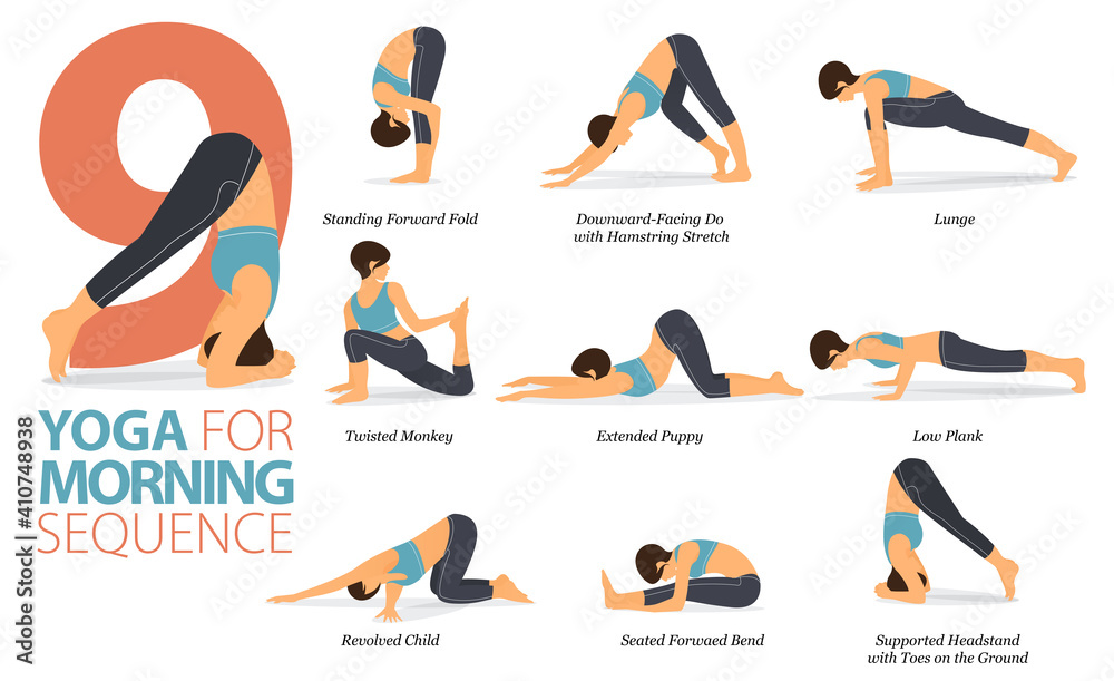 9 Yoga poses or asana posture for workout in Morning sequence concept. Women exercising for body stretching. Fitness infographic. 