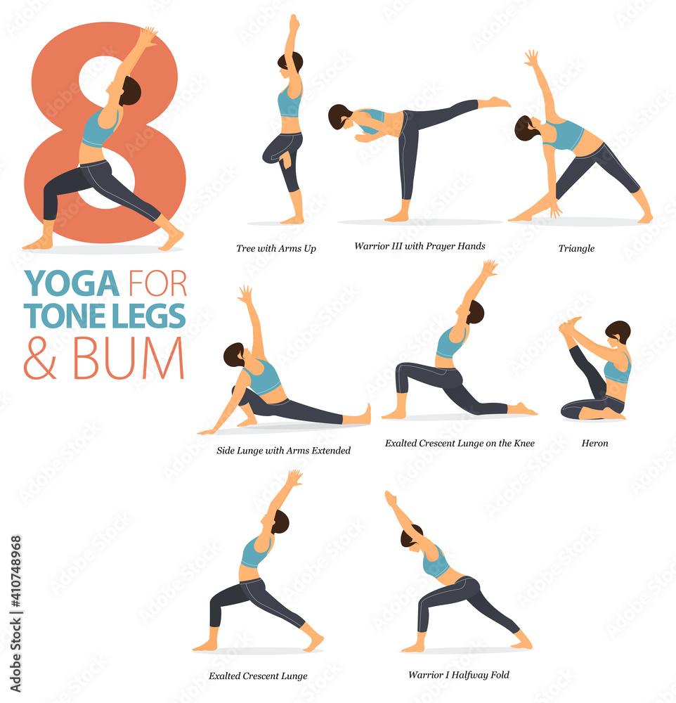 8 Yoga Poses Or Asana Posture For Workout In Thigh Glute Toning Concept  Women Exercising For Body Stretching Fitness Infographic Flat Cartoon  Vector Stock Illustration - Download Image Now - iStock