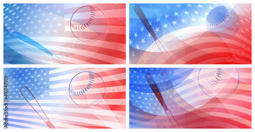 Photography Set of four backgrounds with baseball bat, ball and USA national flag in red and