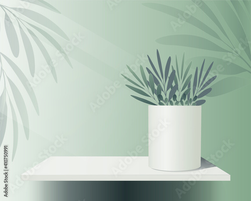 Abstract minimal scene with shelf and home plants. Podium on green background for product presentation, mockup. Stage pedestal to show cosmetic product display. 3d vector podium or platform
