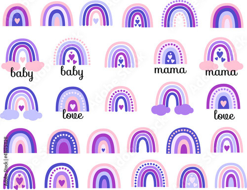 Abstract minimalist vector pink violet purple rainbow hearts clouds baby mama love set