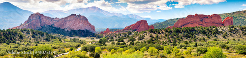 Beautiful view of Garden of the Gods in Colorado Springs. In the distance you can see Pikes Peak and the southern Front Range of the Rocky Mountains. photo