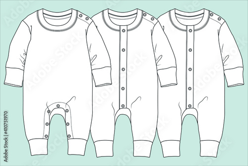 NEWBORN’s sleepsuits, rompers collection basic set of technical sketches for babys