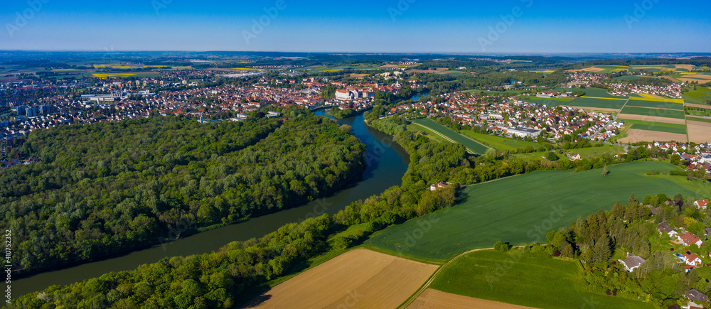 Aerial view of the city Neuburg an der Donau in Germany, Bavaria on a sunny spring day	