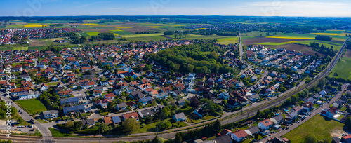Aerial view of the city Gaimersheim in Germany, Bavaria on a sunny spring day during 