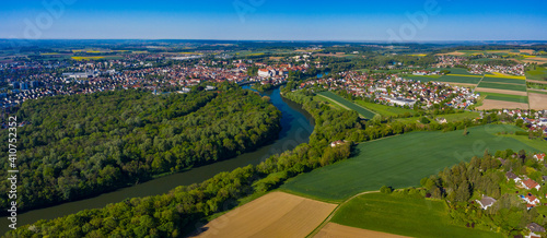 Aerial view of the city Neuburg an der Donau in Germany, Bavaria on a sunny spring day 