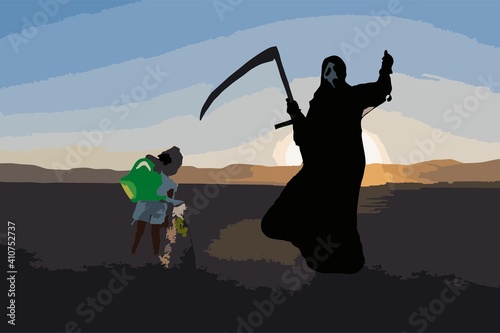Horror grim reaper holding is holding a clock in one hand and a scythe in the other. A green plant on the cracked ground and a little boy watering it. global climate change concept
